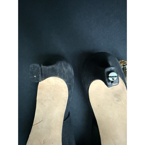 Vtg Paloma Made In Italy Suede Sling Back Shoes Size 8 Black Gold Chain Strap - Picture 6 of 6